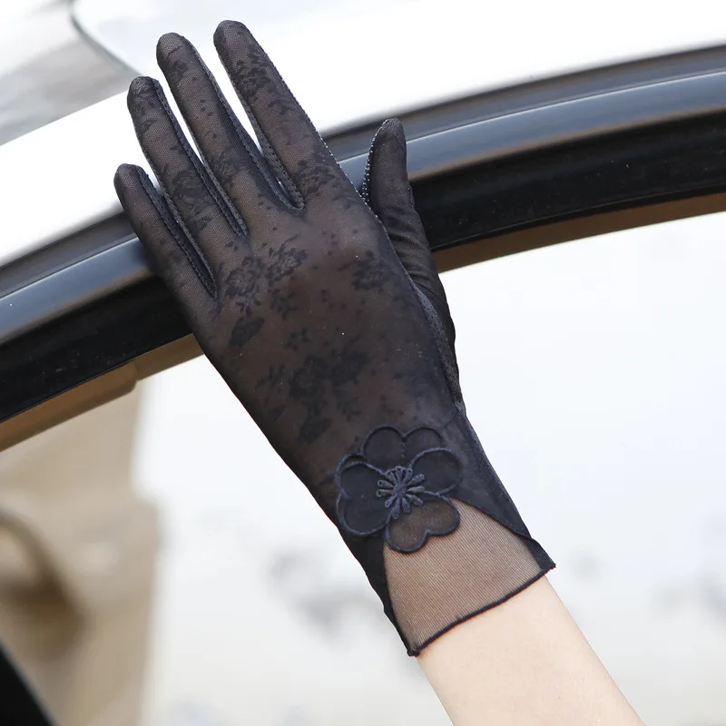 Короткий дышащий шелк светло-голубого цвета езда вождения солнцезащитные перчатки женский чувство черный Кружева Зонтик перчатки 03K