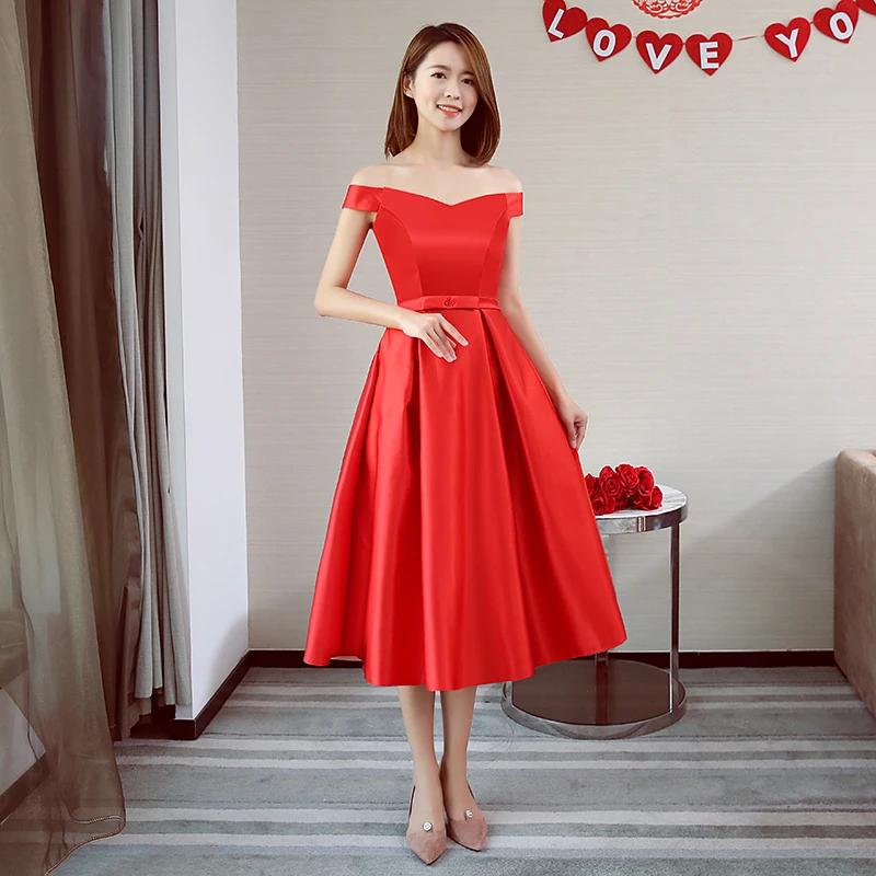 

Off The Shoulder Junior Bridesmaid Dress Red Taffeta Tea-Length Wedding Party Dress Simple Wedding Guest Dress Sexy Prom Vestido