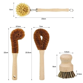 

New Plant Based Cleaning Brush Set 4 Piece, Beech Wood and Coconut Bristle Wooden Pan and Pot Cleaning Brush - Bottle Brush - Di