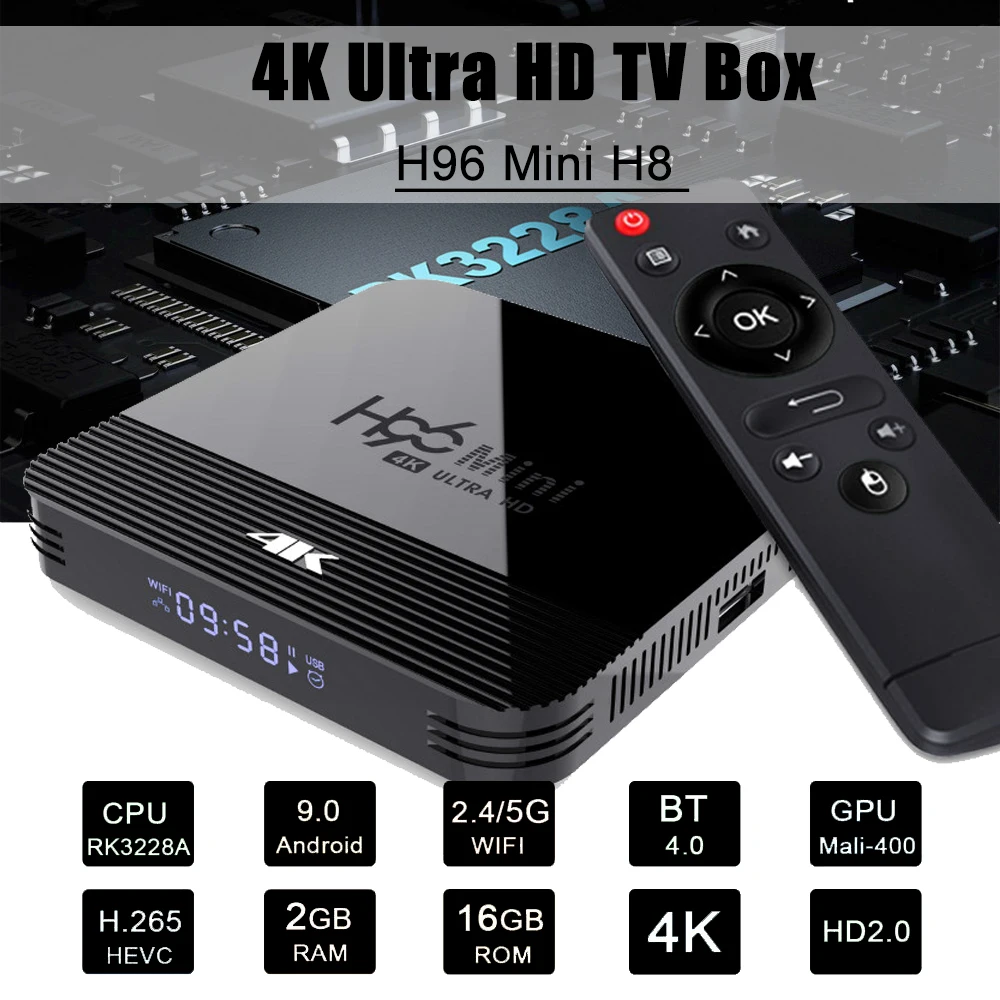 H96 4K Smart tv Box Android 9,0 приставка RK3228A ARM Mali-400 GPU 4K@ 60 Гц 1080P 60Fps Поддержка IP tv Android Smart tv Box