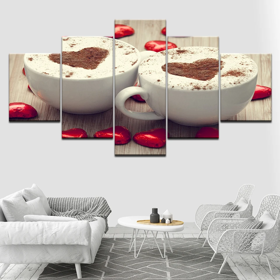 

Modern Poster Modular Pictures Canvas Prints 5 Pieces Coffee Heart-Shaped Paintings Home Decor Living Room Wall Art HD Framework