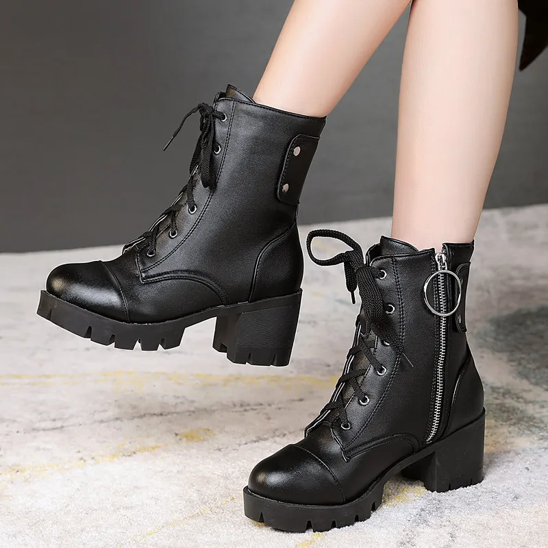

YMECHIC 2019 Winter Shoes Block Thick High Heels Ankle Women Boots Winter Lace Up Zipper Cross Tied Black Military Combat Boots