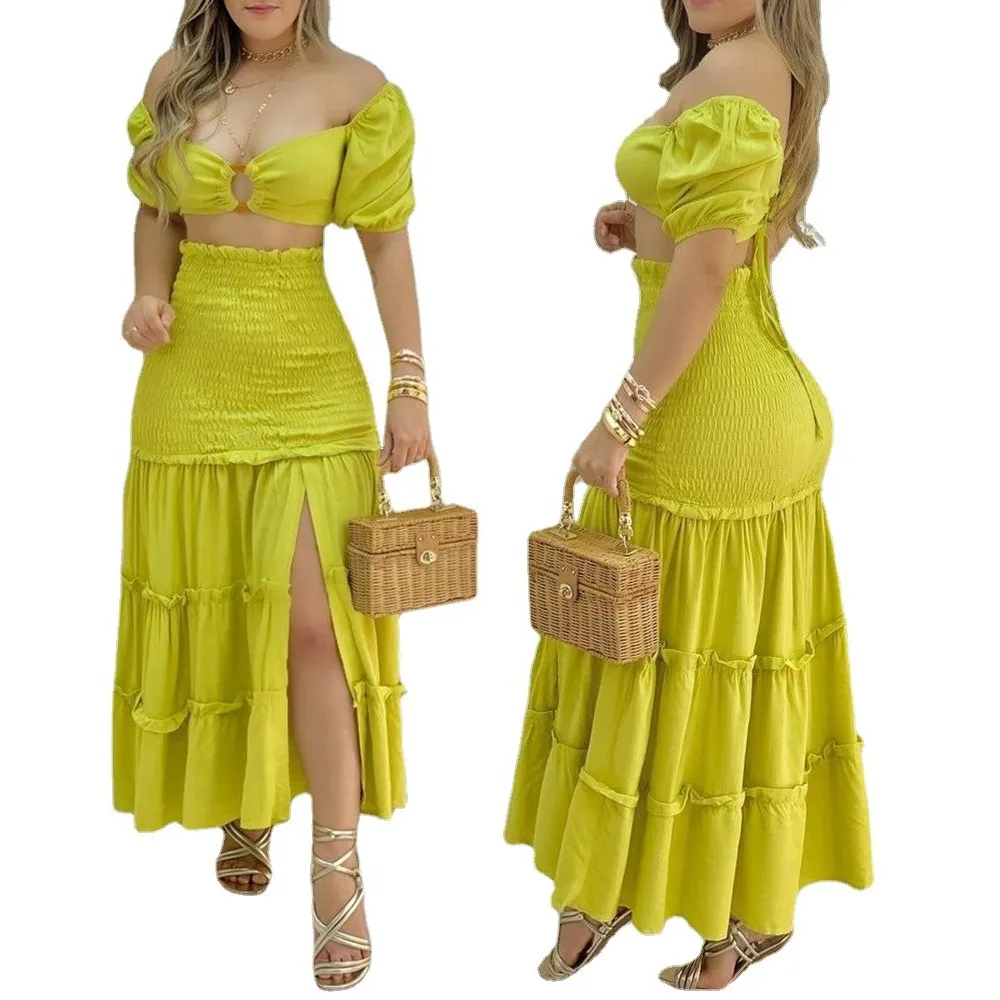 Sexy Backless Long Skirt Suit Orange Casual Womens African Clothing Leaky Chest Ultra Short Slim Top Skirt Loose 2 Pieces Summer