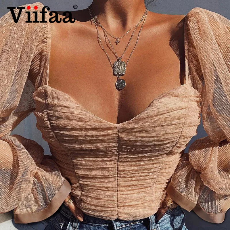 Viifaa абрикосовый горошек прозрачная сетка Ruched Элегантная укороченная Блузка