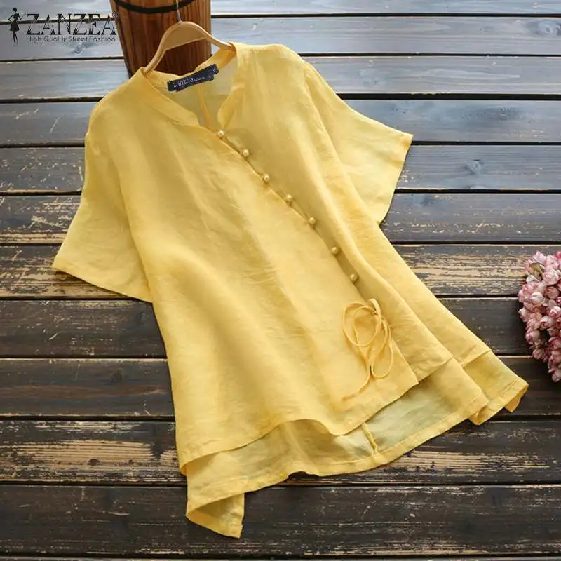 ZANZEA Women Vintage Cotton Linen Blouse Summer Short Sleeve Shirt Casual Solid Tops Tunic Female Buttons Blusas Chemise Mujer ZANZEA Women Vintage Cotton Linen Blouse Summer Short Sleeve Shirt Casual Solid Tops Tunic Female Buttons Blusas Chemise Mujer