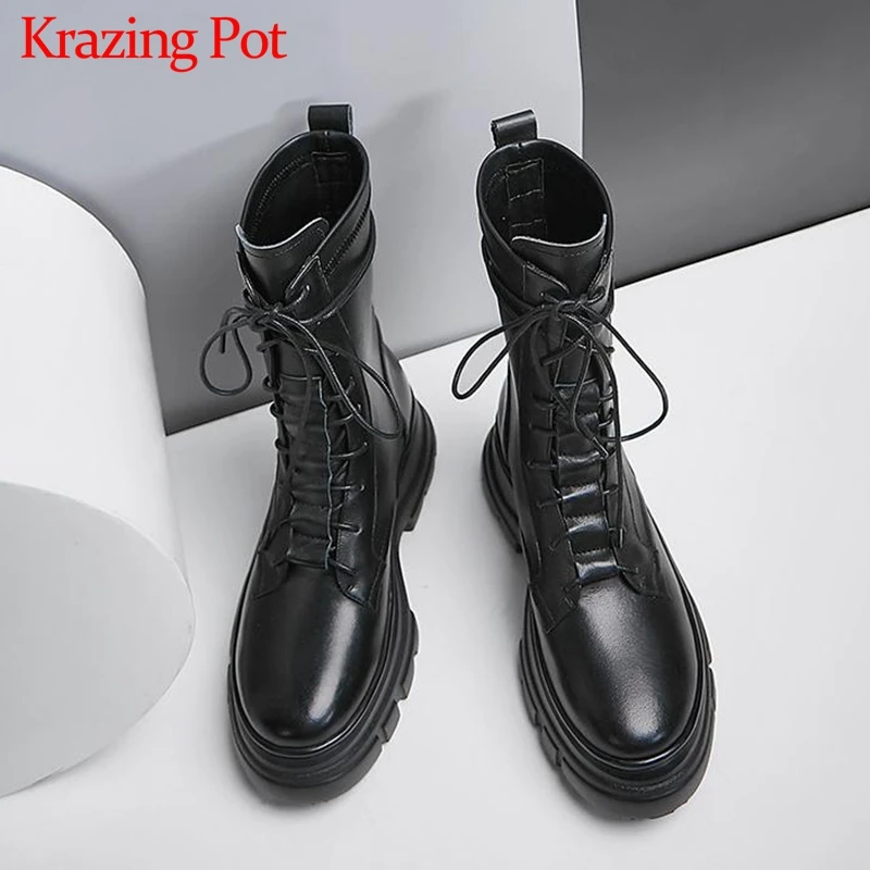 

Krazing Pot cow leather thick bottom waterproof leisure round toe high heels lace up winter women keep warm mid-calf boots L13