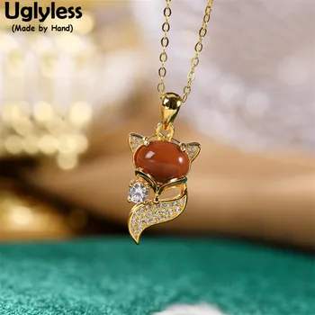 

Uglyless Lady Fox Pendants Women Bring U LOVE Magic Gifts Jewelry Natural Agate Animals Necklaces NO Chains Crystals 925 Silver