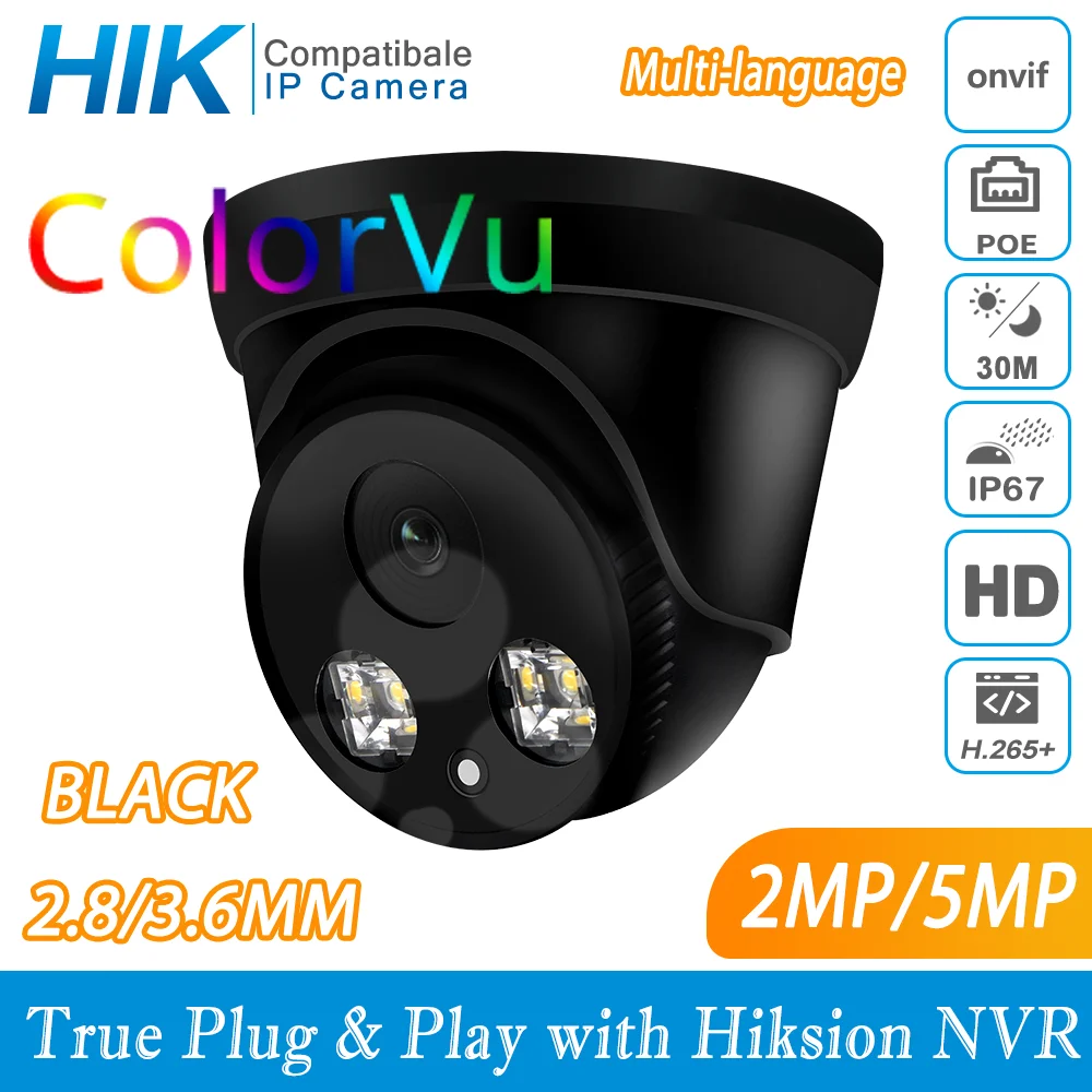 Hikvision Compatible ColorVu Black 5MP Dome POE IP Camera 8MP Home Security CCTV Camera 30m ONVIF H.265 P2P Plug&play IPC