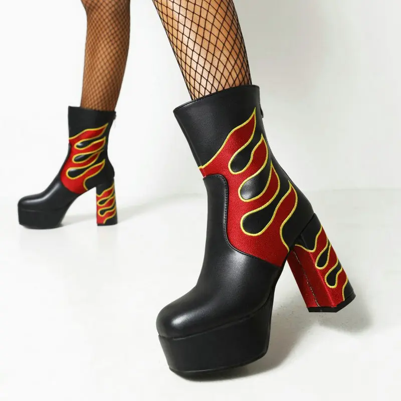 

Sianie Tianie Flame Fire Embroidery Design Luxury Brand Womens Winter Shoes Platform Block High Heels Goth Ankle Boots Size 43