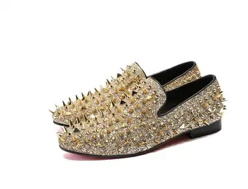 

Gold Glitter Shoes Men Fashion Skewers Moccasins Slip On Shoes Sizes Large Picks Rivet Moccasins Men Shoes Flat Loafer size38-46