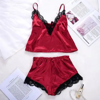

Satin Women Sleepwear Set Solid Lace Sleeveless V-neck Mid-Rise Babydoll Shorts Pajama Set Koronkowa Pizama 2020 Drop Shipping Y