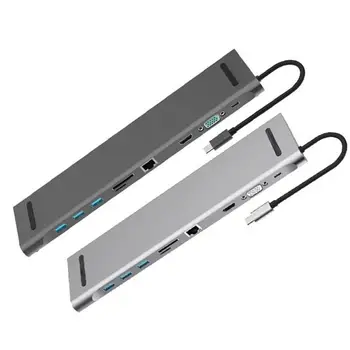 

10 in 1 USB C HUB Converter Aluminum Alloy Heat Dissipation Fast to HDMI VGA RJ45 USB 3.0 3.5mm Audio PD Charge Dock