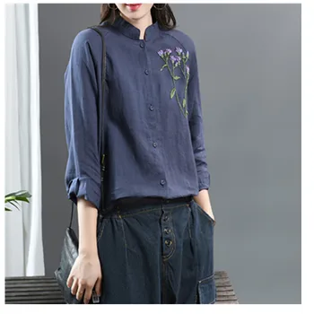 

2020Spring new shirt retro embroidered stand collar long-sleeved ramie shirt wild long-sleeved loose blouse casual print