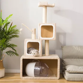 

Luxury Cute Popular Pet Cat Beige 140cm Cat Tree With Toy Mouse 3 Large Apartment Games Sleeping High Quality Substrate Area