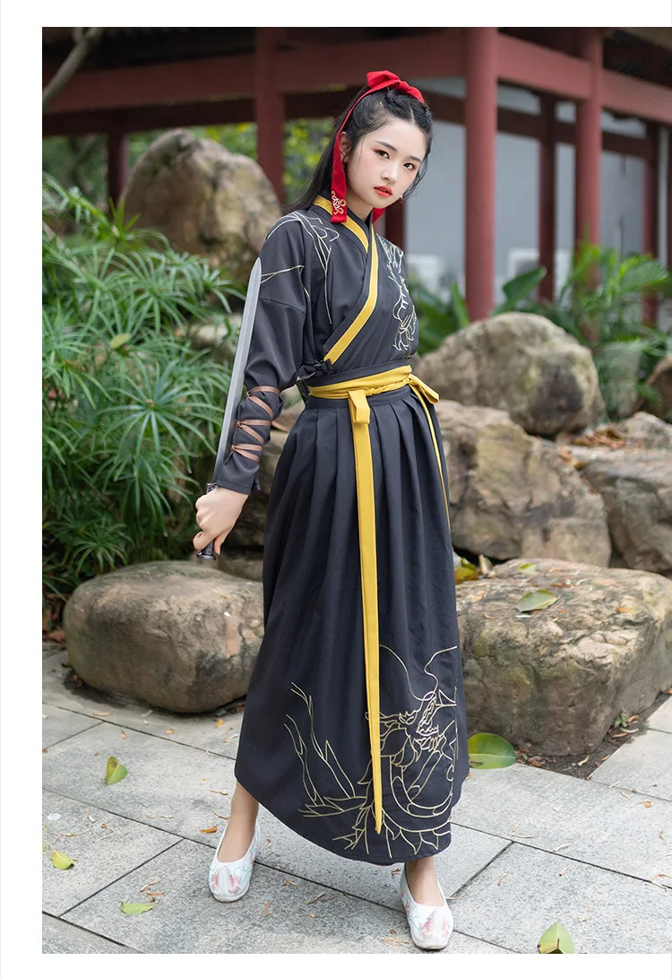 Пары Hanfu костюмы древний Китай женский черный Дракон узор народный танец одежда традиционный фестиваль наряд для взрослых DN4898