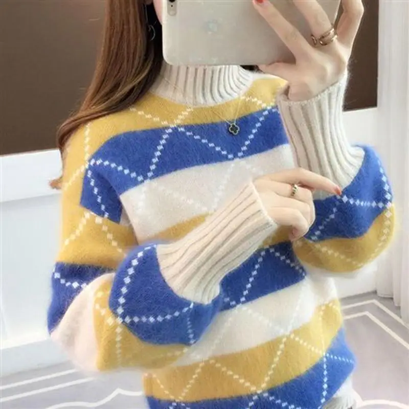 Turtleneck Warm Sweater Winter Ladies Striped Long-sleeved Large Size Round Neck Cashmere | Женская одежда