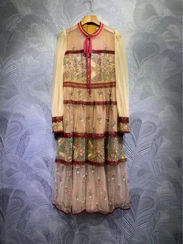 

2020 runway women vintage mesh lace patchwork floral embroidery dresses female elegant autumn long sleeve midi dress Y346