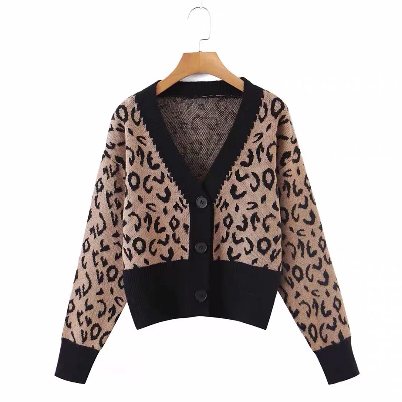 

Кардиган женский однобортный на пуговицах с V-образным вырезом, с леопардовым принтом