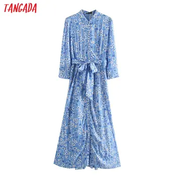 

Tangada fashion women blue flowers print dress with slash Long Sleeve Ladies elegant work midi Dress Vestidos JE59