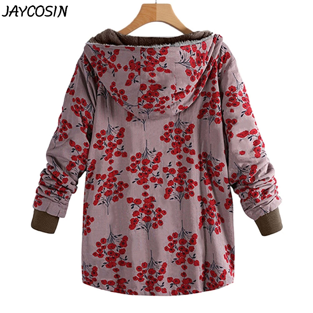 JAYCOSIN, Женская куртка, плюшевое пальто, ветровка, зимняя, теплая, с цветочным принтом, на пуговицах, с капюшоном, с карманами, в винтажном стиле, большие размеры, пальто o17