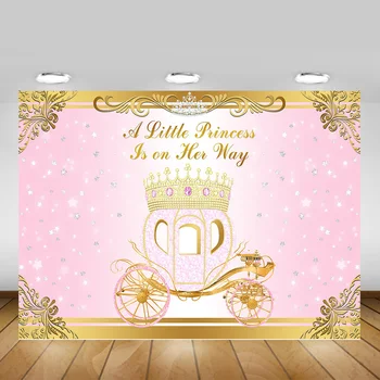 

Little Princess Baby Shower Backdrop Sliver Stars Gold Crown Newborn Photography Background Pink Royal Carriage Photobooth