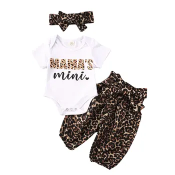 

0-18M Summer Newborn Baby Girls Boys Clothes Sets Letter Leopard Print Short Sleeve Romper Tops+Pants+Headband 3pcs Outfits