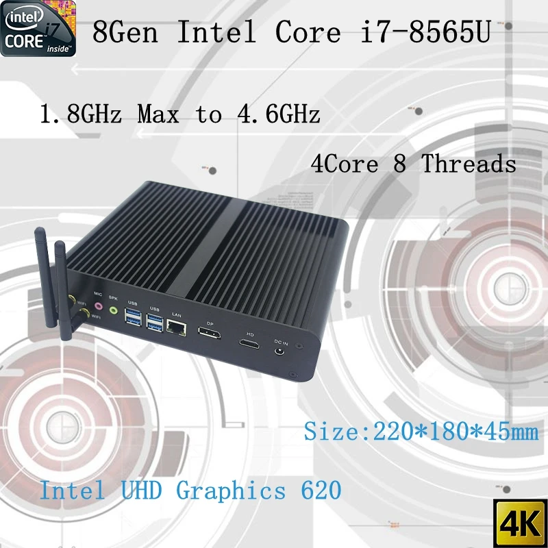  Newest 8Gen Fanless mini pc i7 8565U CPU 4.6GHz Intel UHD620 win10 Quad Core 8 Threads DDR4 2133 24