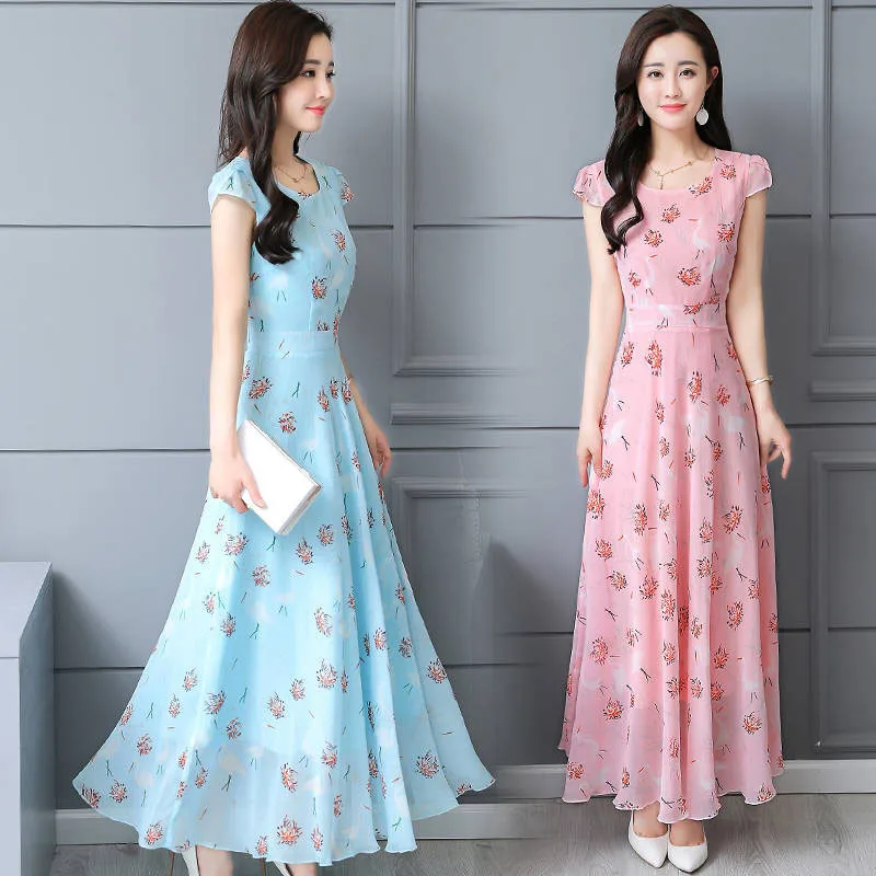 

2019 New Fashion Spring SummerChiffon Dresses Women Print Dress Casual Cute floral Long Dresses Short Sleeve Thick bodyco Dress
