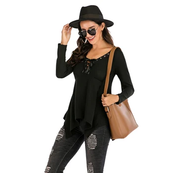 

6189 # WOMEN'S Dress V-neck Loose-Fit Hoodie Casual Solid Color Lace-up Book-Women's 2020 New T-shirt