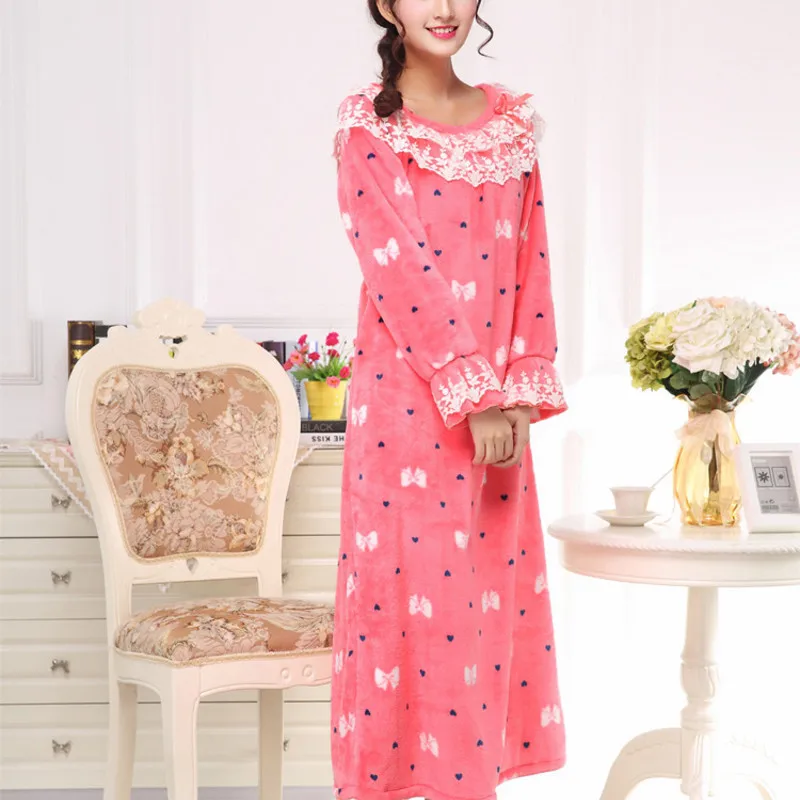 

Autumn Winter Lady Long Sleeve Coral Double-sided Flannel Sweet Princess Sleeping Sleepwear Home Clothes
