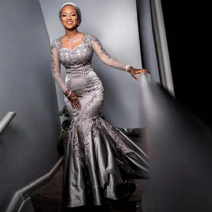 Нигерийские вечерние платья abiye серое праздничное платье с длинным рукавом