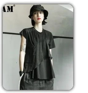 [EAM] Wide Leg Pants Striped Two Piece Suit New Round Neck Short Sleeve Black Loose Fit Women Fashion Spring Autumn 2020 JW5910