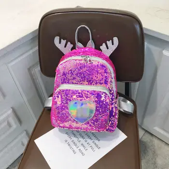 

2019 Newest Hot Women Girl's Antlers Glitter Sequin Mini Backpack School Bag Rucksack Travel Kids Love Heart Small Bag Xmas Gift