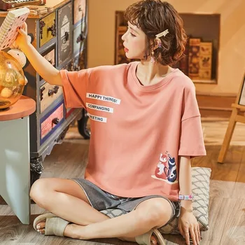 

Cotton Short Sleeved Shorts Suit Korean-Style Spring Student Girl's Cartoon Loose Thin Leisure Tops Plus Size Printing Pajamas
