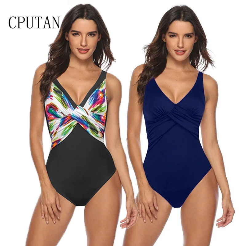 

Women Swimwear Sexy One Piece Tummy Control Swimsuit 2020 New Vintage Print Plus Size Bodysuit Deep V Neck Monokini BathingSuit