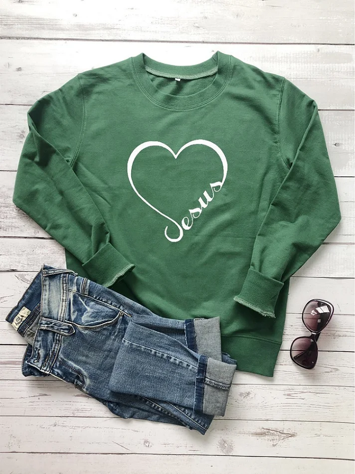Женская толстовка с надписью «Jesus love heart», религиозная вера, сольган, хлопок, длинный рукав, женские топы с изображением Иисуса, христианский пуловер