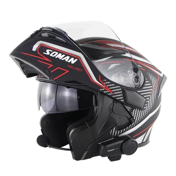 

casco moto Dot/ECE Approved Soman SM955 Retro Flip up Dual Visors Full Face Motorcycle Helmet with M2 Bluetooth Headset