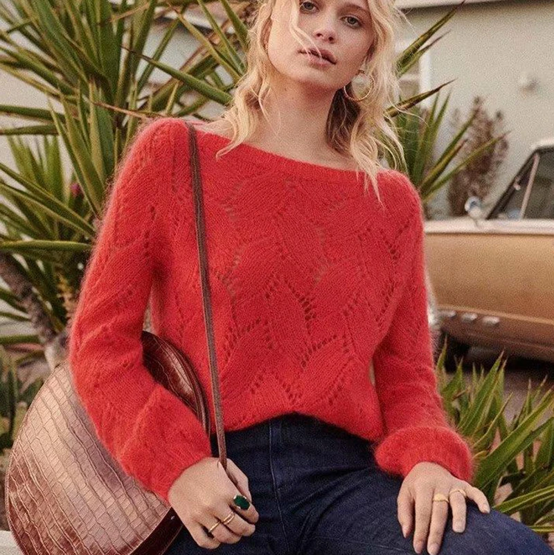 

KHALEE YOSE Red Mohair Pullover Sweater Casual Chic Autumn Long Sleeve Jumper Hollow Out Sweater O-neck Pullover Women Top 2019