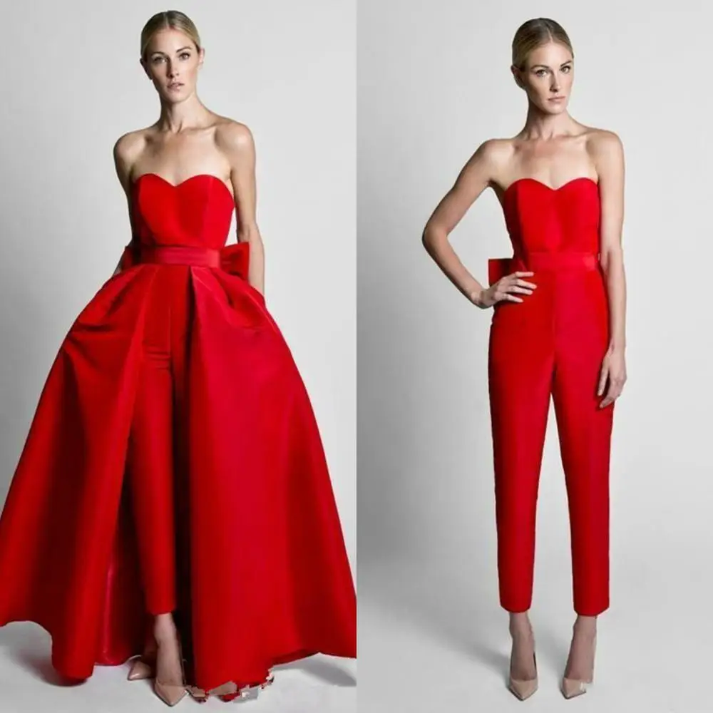 

2019 Modest Red Jumpsuits Prom Dresses With Detachable Skirt Strapless Formal Gowns Party Pants for Women Custom Made