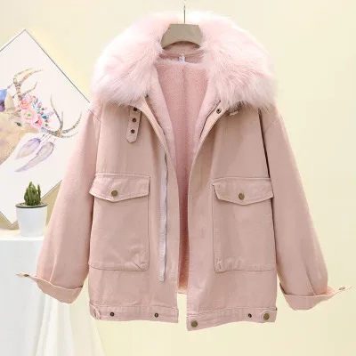 Pink Winter Parka Women Jacket Korean Fashion Big Fur Collar+ Lamb Plush Liner Outerwear Female Thick Warm Loose Ladies Jacket - Цвет: Pink