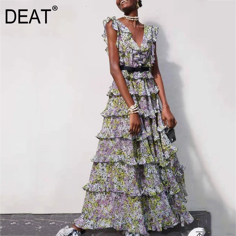 

DEAT 2020 new spring and summer fashion women clothes ruffles sleeveless flower printed V-neck backless cake dress WK16709L