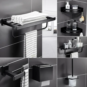 

Bathroom Accessories Towel Rack Towel Bar Paper Holder Corner Shelf Toilet Brush holder Robe Hooks Black Bathroom Hardware Set