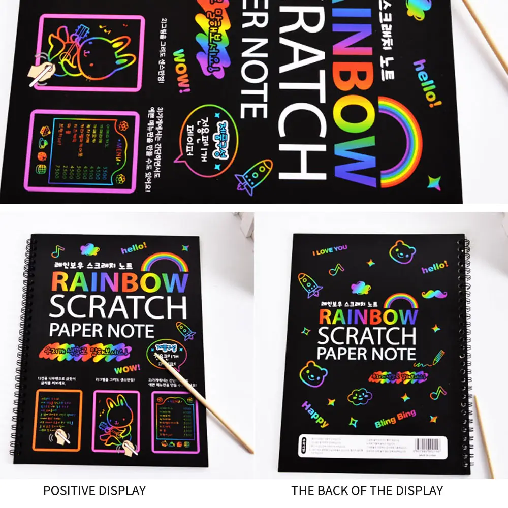 BENGKUI Scratch Art Note Book 2PCS Large Magic Color Rainbow Scratch Art Paper Bloc de Notas Totalmente Negro DIY Dibujo Juguetes para Colorear Pintura Niños Doodle Regalo 