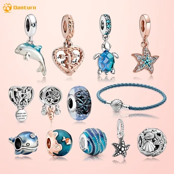 

925 Sterling Silver Beads Shimmering Dolphin Murano Glass Sea Turtle Dangle Charms Compatible With Original European Bracelets