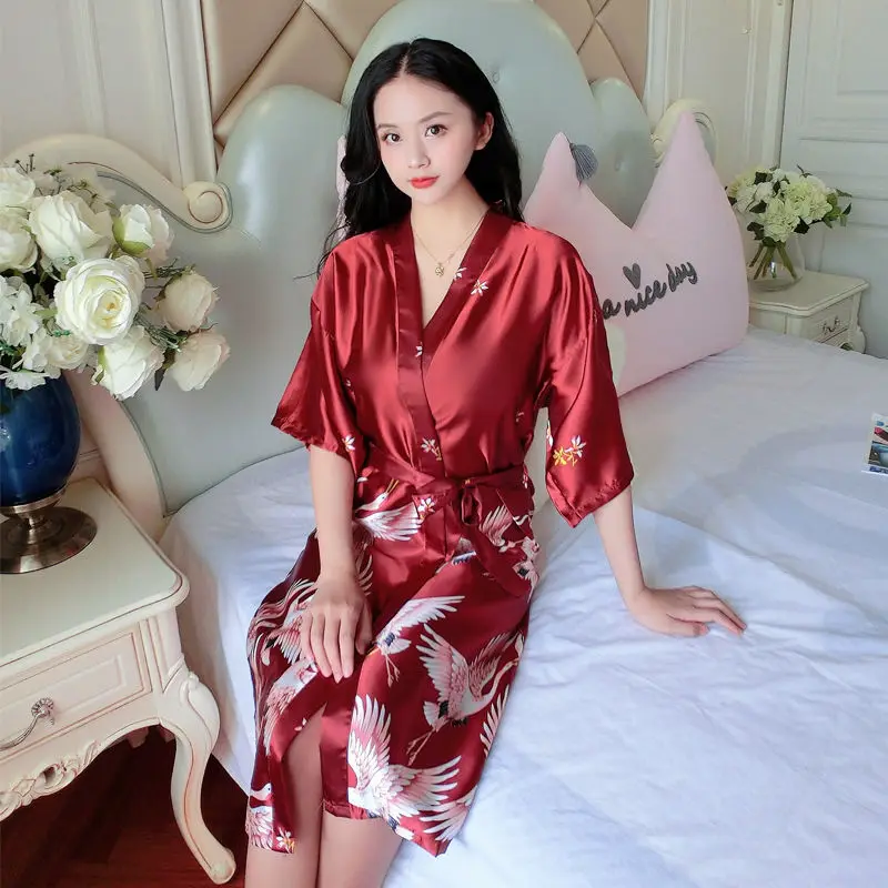 Women's Mini Kimono Robe Lady Rayon Bath Gown Yukata Nightgown Sleepwear Summer