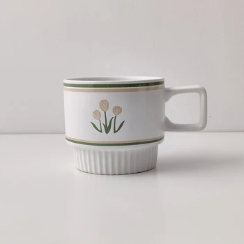

White Mugs Coffee Cups Ceramic Travel Plain Matte Nordic Vintage Tulip Pattern Breakfast Cup Coupelle Canecas Dining Bar E5MKB