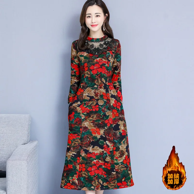 

2018 Autumn And Winter New Style Lady Floral Printed Dress Middle-aged Kuotaitai Brushed And Thick Large Size Dress Base Skirt