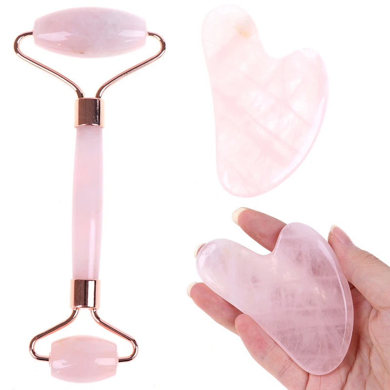 2pcs/Set Pink Jade Facial Massage Crystal Roller Jade Roller Stone Natural Rose Beauty Skin Massage Tool