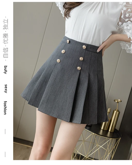 Double Breasted Pleated Short Skirts Casual Office Lady Mental
