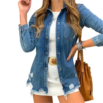 

Casual 2020 Women Denim Jacket Coat Autumn New Long Sleeve Jeans Jackets Lapel Tops Pocket Single Breasted Coat Steetwear